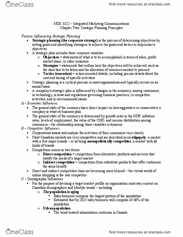 Management and Organizational Studies 3322F/G Chapter Notes - Chapter 2: Integrated Marketing Communications, Monopolistic Competition, Strategic Planning thumbnail