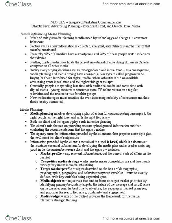 Management and Organizational Studies 3322F/G Chapter Notes - Chapter 5: New Media Strategies, Integrated Marketing Communications, Media Planning thumbnail