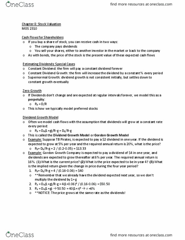 Management and Organizational Studies 2310A/B Chapter Notes - Chapter 8: Dividend Yield, Dividend Discount Model thumbnail