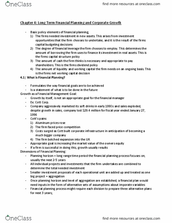 Management and Organizational Studies 2310A/B Chapter Notes - Chapter 4: Planning Horizon, Financial Plan, Dividend Policy thumbnail
