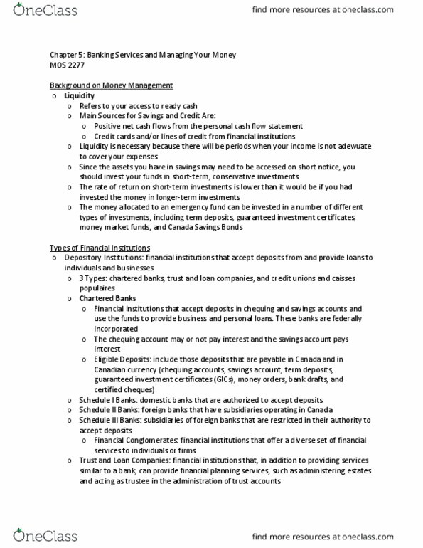 Management and Organizational Studies 2277A/B Chapter Notes - Chapter 5: Guaranteed Investment Certificate, Credit Union, Money Market Fund thumbnail