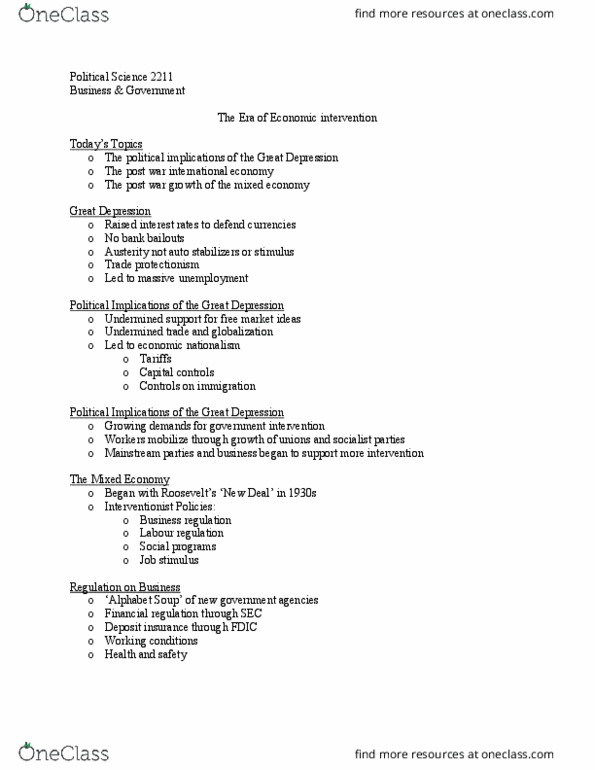 Political Science 2211E Lecture Notes - Lecture 1: Financial Regulation, Capital Control, Mixed Economy thumbnail