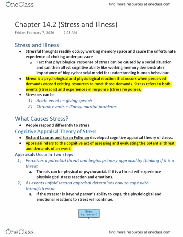 PSYA02H3 Chapter Notes - Chapter 14.2: Appraisal Theory, Biopsychosocial Model, Coronary Artery Disease thumbnail