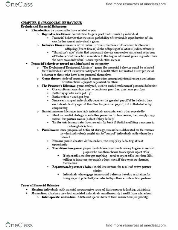 PSYC 205 Chapter Notes - Chapter 11: Prosocial Behavior, Ultimatum Game, Kin Selection thumbnail