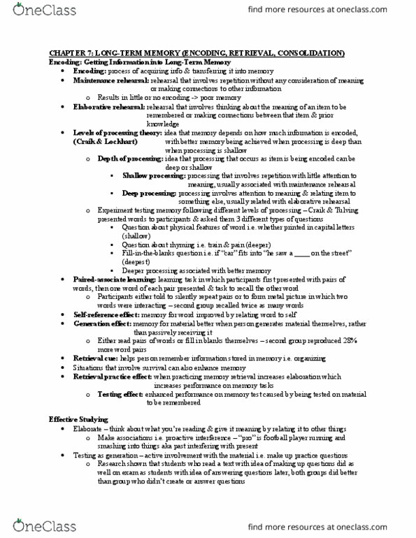 PSYC 221 Chapter Notes - Chapter 7: Memory Consolidation, Interference Theory, Endel Tulving thumbnail