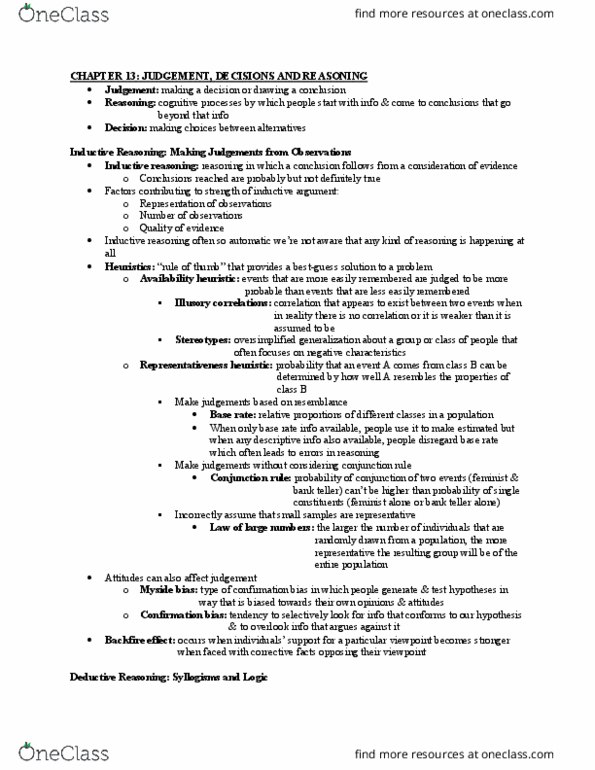 PSYC 221 Chapter Notes - Chapter 13: Availability Heuristic, Representativeness Heuristic, Inductive Reasoning thumbnail