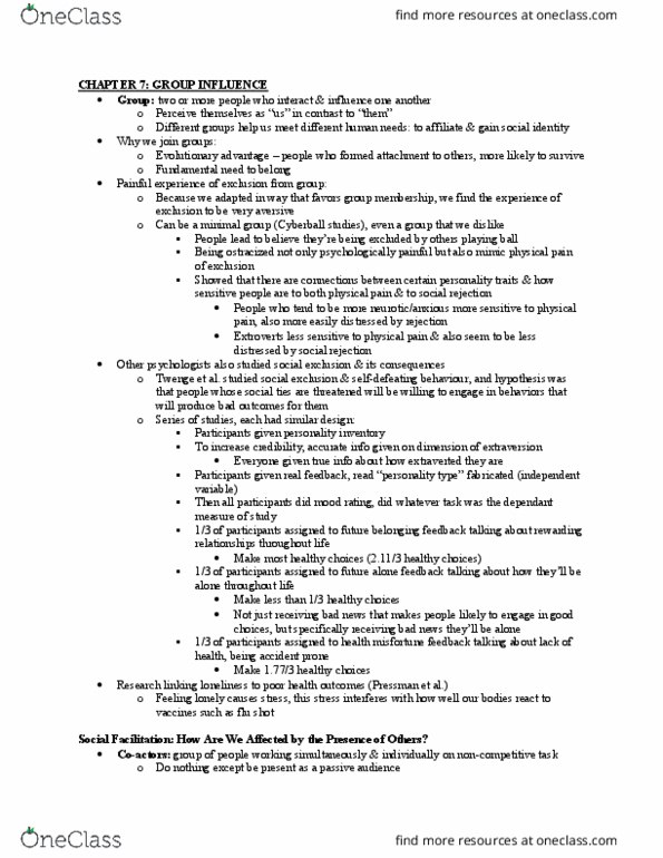 PSYC 241 Chapter Notes - Chapter 7: Influenza Vaccine, Social Rejection, Social Facilitation thumbnail