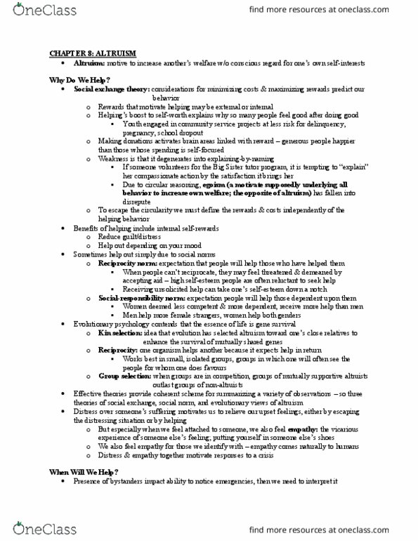 PSYC 241 Chapter Notes - Chapter 8: Social Exchange Theory, Kin Selection, Outlast thumbnail
