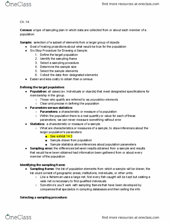 MKTG 460 Chapter Notes - Chapter 14,15,17: Sampling Frame, Statistical Parameter, Statistic thumbnail