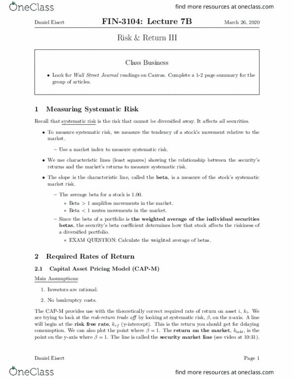 FIN 3104 Lecture Notes - Lecture 7: Capital Asset Pricing Model, Risk-Free Interest Rate, Systematic Risk thumbnail