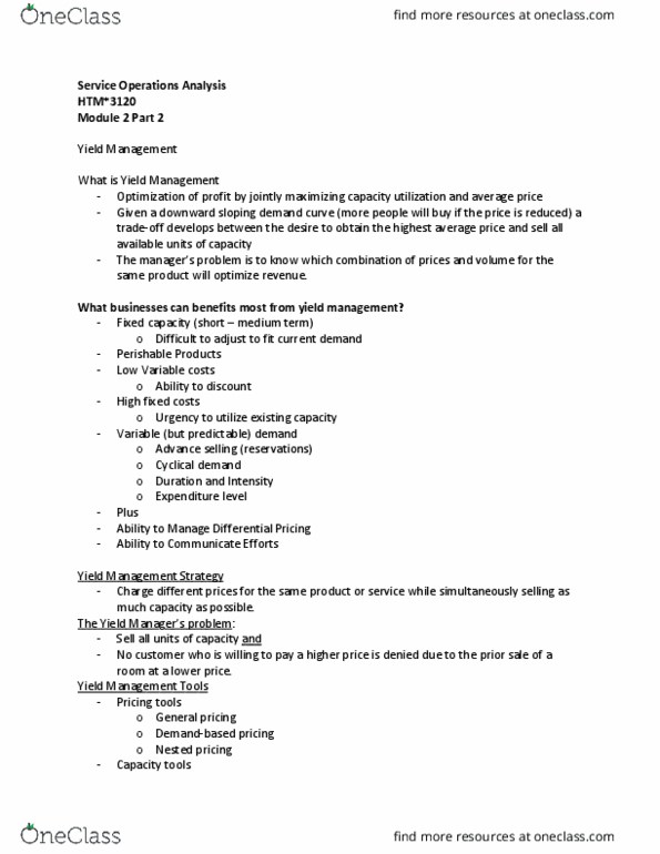 HTM 3120 Lecture Notes - Lecture 18: Yield Management, Capacity Utilization, Demand Curve thumbnail