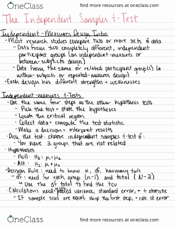 PSYC402 Lecture Notes - Lecture 2: Repeated Measures Design, Statistic, Test Statistic thumbnail