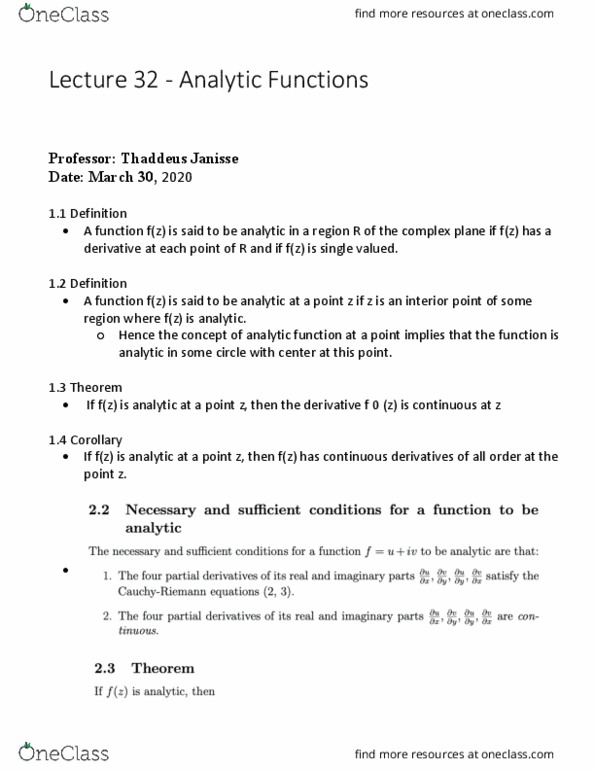 MAT137Y1 Lecture Notes - Lecture 37: Analytic Function cover image