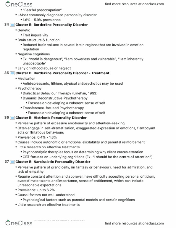 PSY230H1 Lecture Notes - Lecture 10: Avoidant Personality Disorder, Histrionic Personality Disorder, Narcissistic Personality Disorder thumbnail