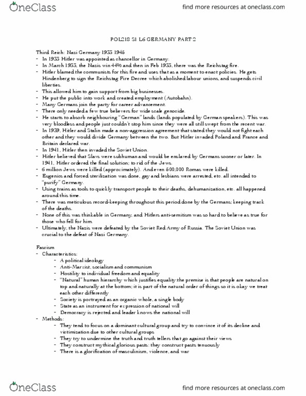 POL218Y5 Lecture Notes - Lecture 6: Reichstag Fire Decree, Eugenics, Party System thumbnail
