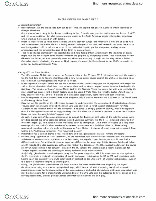 POL218Y5 Lecture Notes - Lecture 1: United Kingdom European Union Membership Referendum, 2016, Timothy Garton Ash, Jonathan Freedland thumbnail