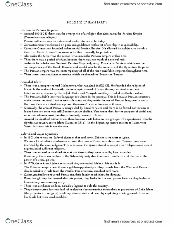 POL218Y5 Lecture Notes - Lecture 7: Safavid Dynasty, Persian Language, Ottoman Empire thumbnail