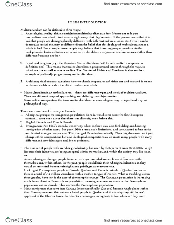 POL355Y5 Lecture Notes - Lecture 1: Canadian Multiculturalism Act, English Canada thumbnail