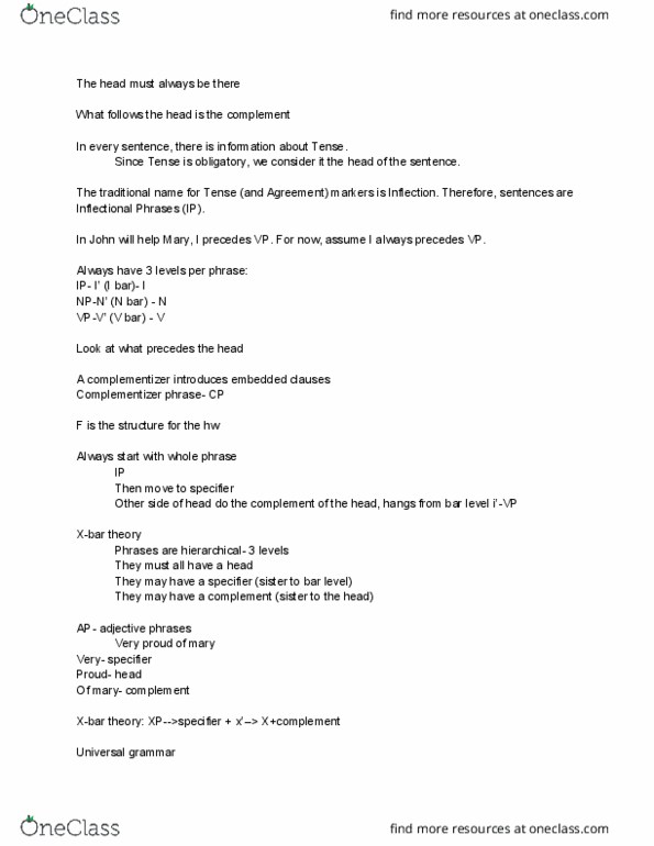 LING 2010Q Lecture Notes - Lecture 11: Inflection, Universal Grammar, Complementizer thumbnail