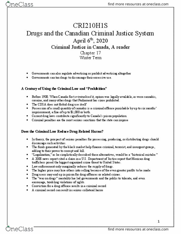 CRI210H1 Chapter Notes - Chapter 17: Louise Arbour, Opiate, Insite thumbnail