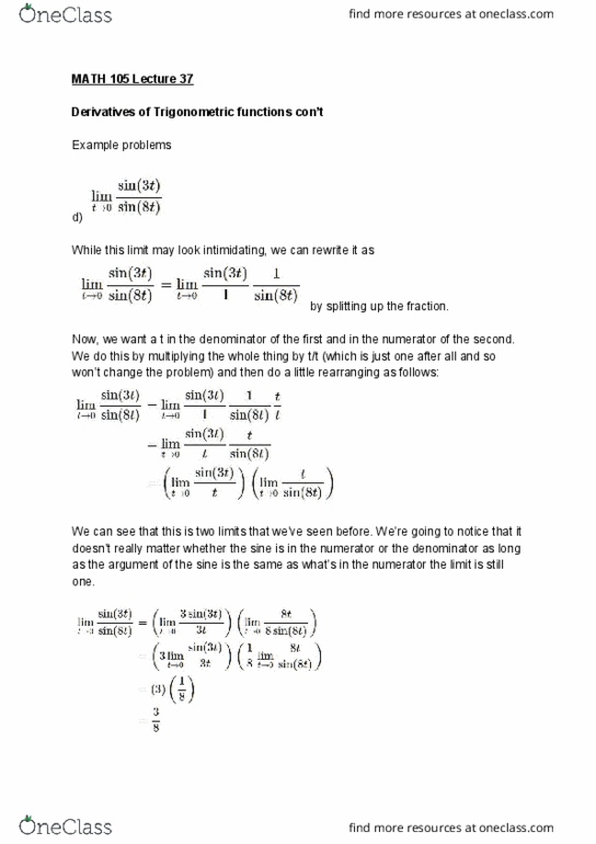 MATH 105 Lecture Notes - Lecture 37: Trigonometric Functions cover image