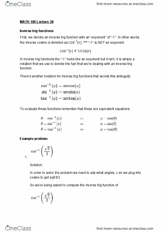 MATH 105 Lecture Notes - Lecture 38: Inverse Trigonometric Functions thumbnail