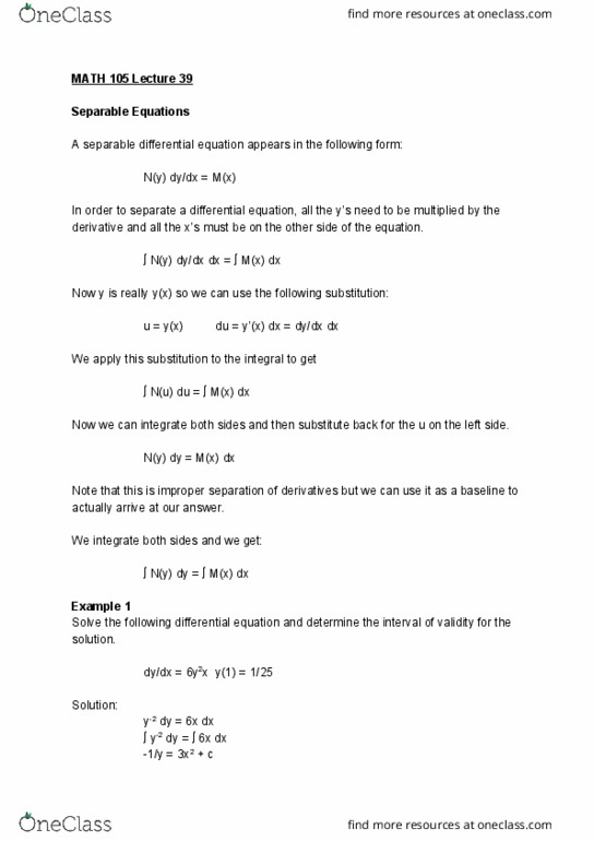 MATH 105 Lecture Notes - Lecture 39: Separation Of Variables thumbnail