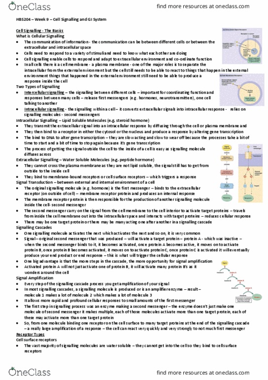 HBS204 Lecture Notes - Lecture 9: Cell Signaling, Cellular Signalling, Signal Transduction thumbnail