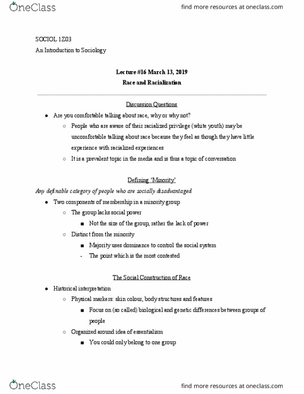 SOCIOL 1Z03 Lecture Notes - Lecture 16: White Privilege, Racialization, Ethnic Group thumbnail