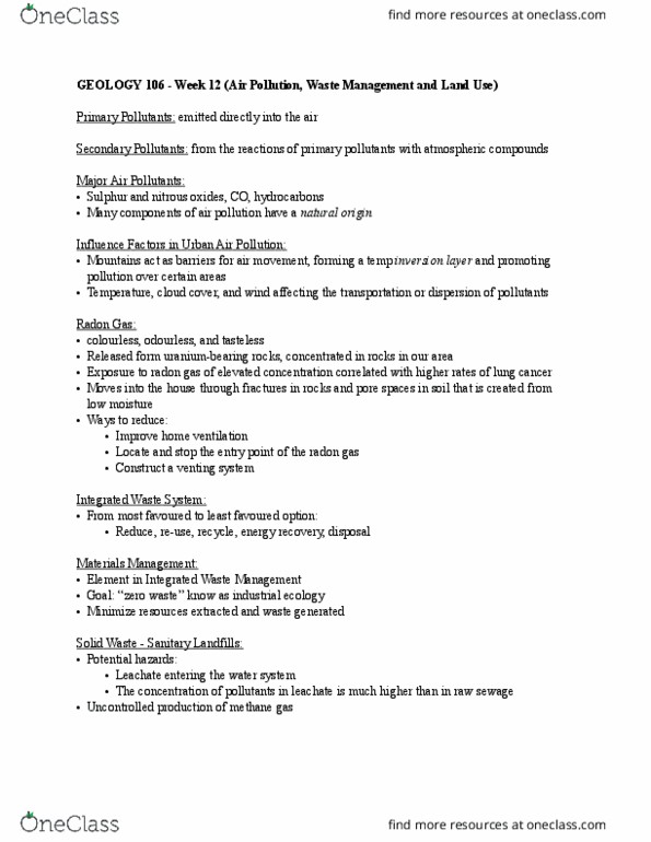 GEOL 106 Lecture Notes - Lecture 12: Waste Hierarchy, Leachate, Energy Recovery thumbnail