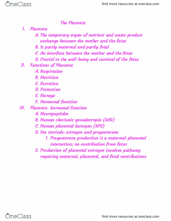 RIU 332 Lecture Notes - Lecture 53: Human Placental Lactogen, Human Chorionic Gonadotropin, Placenta thumbnail