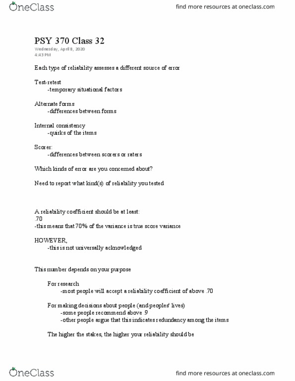 PSY 370 Lecture Notes - Lecture 32: Internal Consistency, Psy, Factor Analysis thumbnail