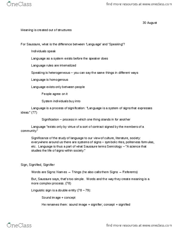 E 341 Lecture Notes - Linguistic System, Semiotics thumbnail