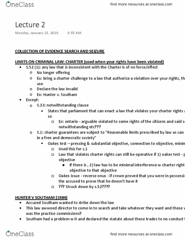 CRIM 330 Lecture Notes - Lecture 2: Reverse Onus, Detection Dog, Writ Of Assistance thumbnail