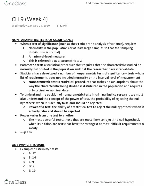 CRIM 320 Chapter Notes - Chapter 9: Parametric Statistics, Null Hypothesis, Chi-Squared Distribution thumbnail