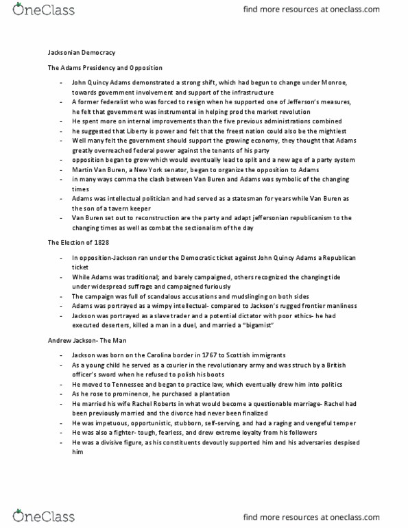 HIST 190 Lecture Notes - Lecture 16: Jacksonian Democracy, Democratic-Republican Party, Party System thumbnail