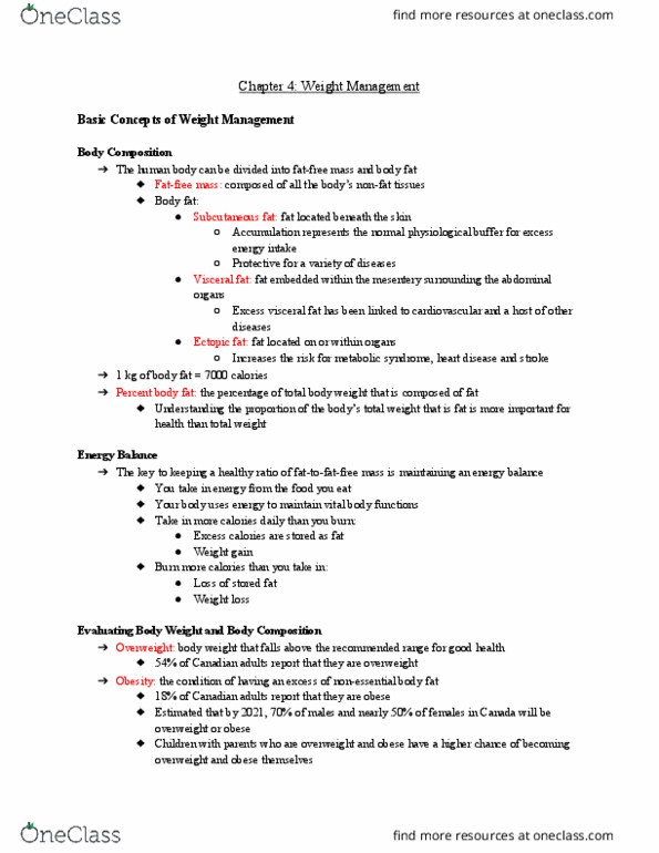 Health Sciences 1001A/B Chapter Notes - Chapter 4: Abdominal Obesity, Weight Loss, Weight Gain thumbnail