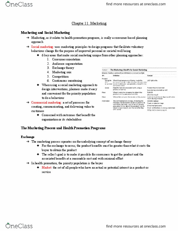 Health Sciences 2250A/B Chapter Notes - Chapter 11: Social Marketing, Social Exchange Theory, Health Promotion thumbnail