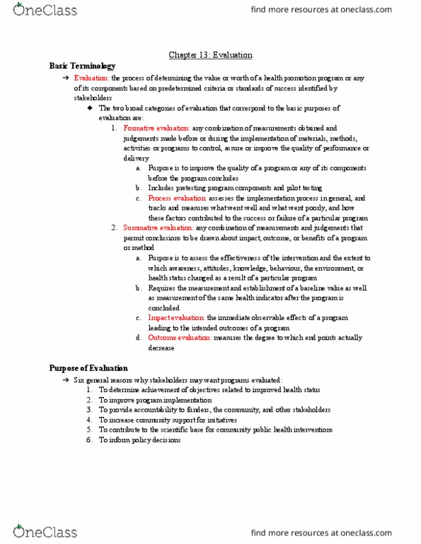 Health Sciences 2250A/B Chapter Notes - Chapter 13: Impact Evaluation, Health Promotion, Polskie Radio Program Iii thumbnail