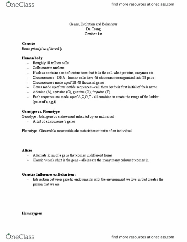 Psychology 1100E Lecture Notes - Lecture 3: Cytosine, Guanine, Thymine thumbnail