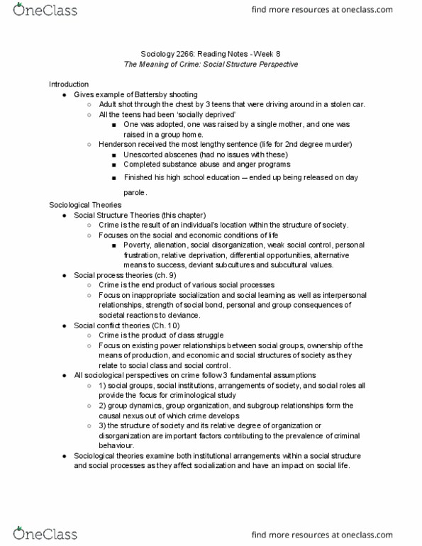 Sociology 2266A/B Chapter Notes - Chapter 8: Social Disorganization Theory, Brad Delson, Sociological Perspectives thumbnail