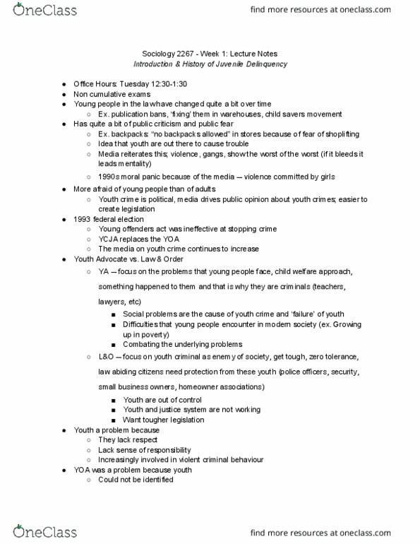 Sociology 2267A/B Lecture Notes - Lecture 1: Juvenile Delinquency, Publication Ban, Young Offenders Act thumbnail