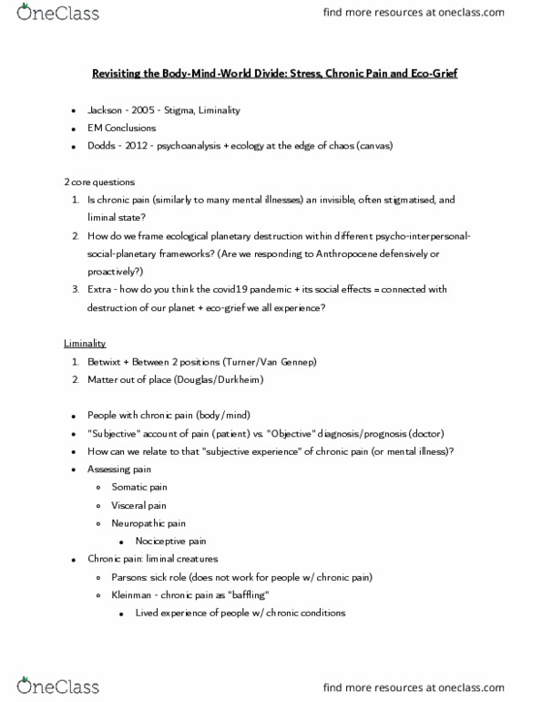 SOCI 473 Lecture Notes - Lecture 20: Neuropathic Pain, Chronic Pain, Visceral Pain thumbnail