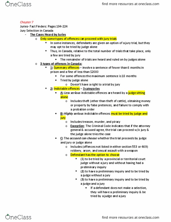 PSY 300 Chapter Notes - Chapter 7: Indictable Offence, Jury Trial, Summary Offence thumbnail