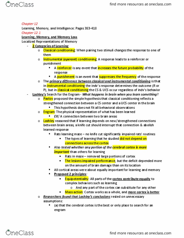 PSY 324 Chapter Notes - Chapter 12: Classical Conditioning, Amnesia, Brain Damage thumbnail