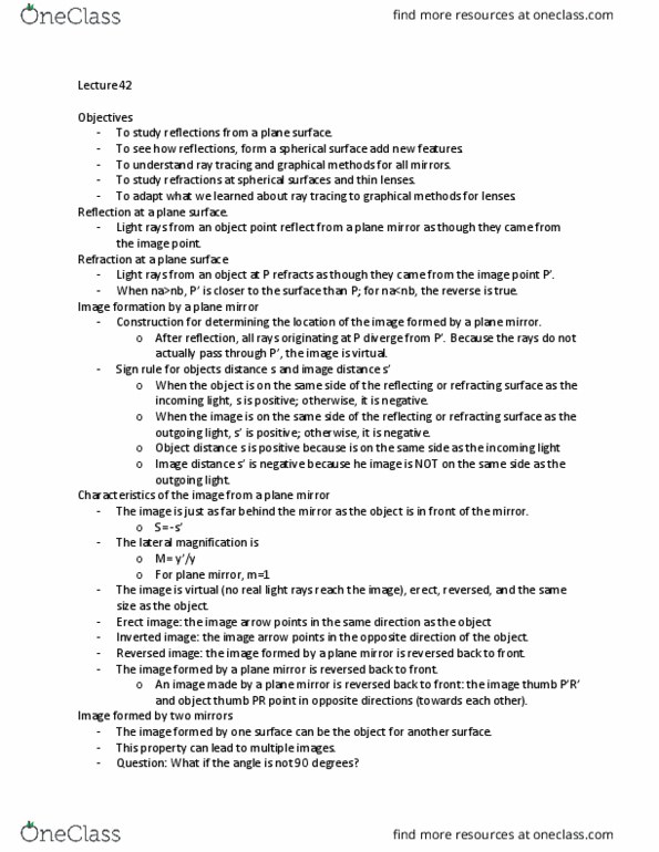 PHY 2020 Lecture Notes - Lecture 42: Plane Mirror, Curved Mirror, Virtual Image thumbnail