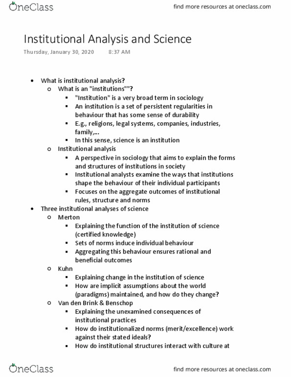 SOCI 325 Lecture Notes - Lecture 6: Institutional Analysis, Normal Science, Meritocracy thumbnail