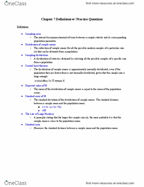 PSY 2106 Chapter Notes - Chapter 7: Central Limit Theorem, Sampling Error, Statistic thumbnail