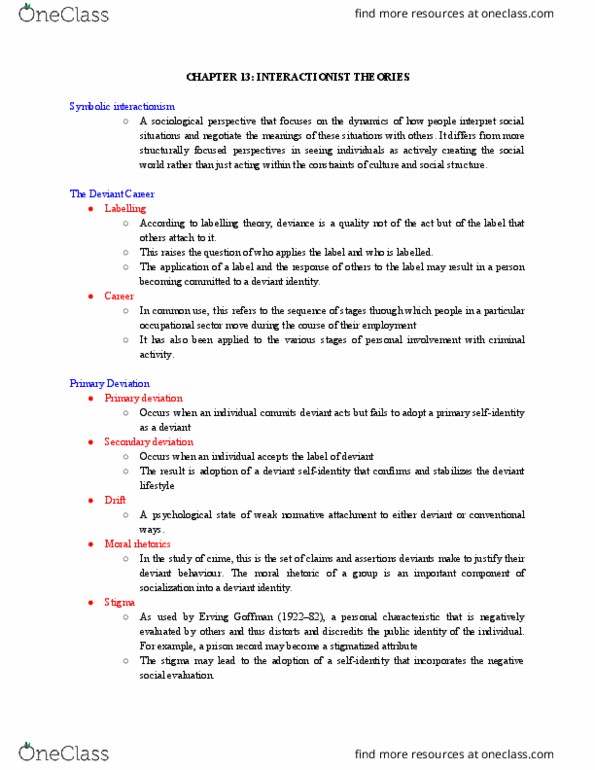 CRM 1300 Chapter Notes - Chapter 13: Erving Goffman, Symbolic Interactionism, Labeling Theory thumbnail