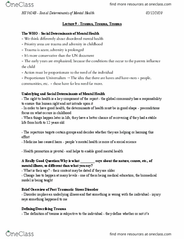 Health Sciences 3624A/B Lecture Notes - Lecture 9: The Who, Health Promotion, Posttraumatic Stress Disorder thumbnail